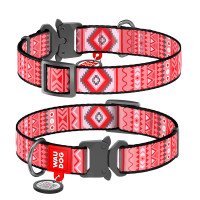 Ошейник WAUDOG Nylon с QR паспортом, рисунок "Этно красный", металлическая пряжка-фастекс  Красный, Нейлон, Размер:  (31-49  см)