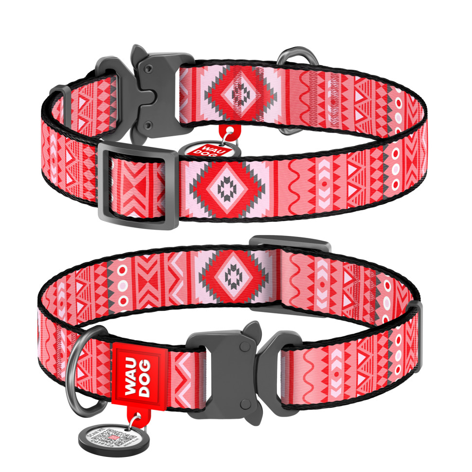 Ошейник WAUDOG Nylon с QR паспортом, рисунок "Этно красный", металлическая пряжка-фастекс  Красный, Нейлон, Размер:  (35-58  см)