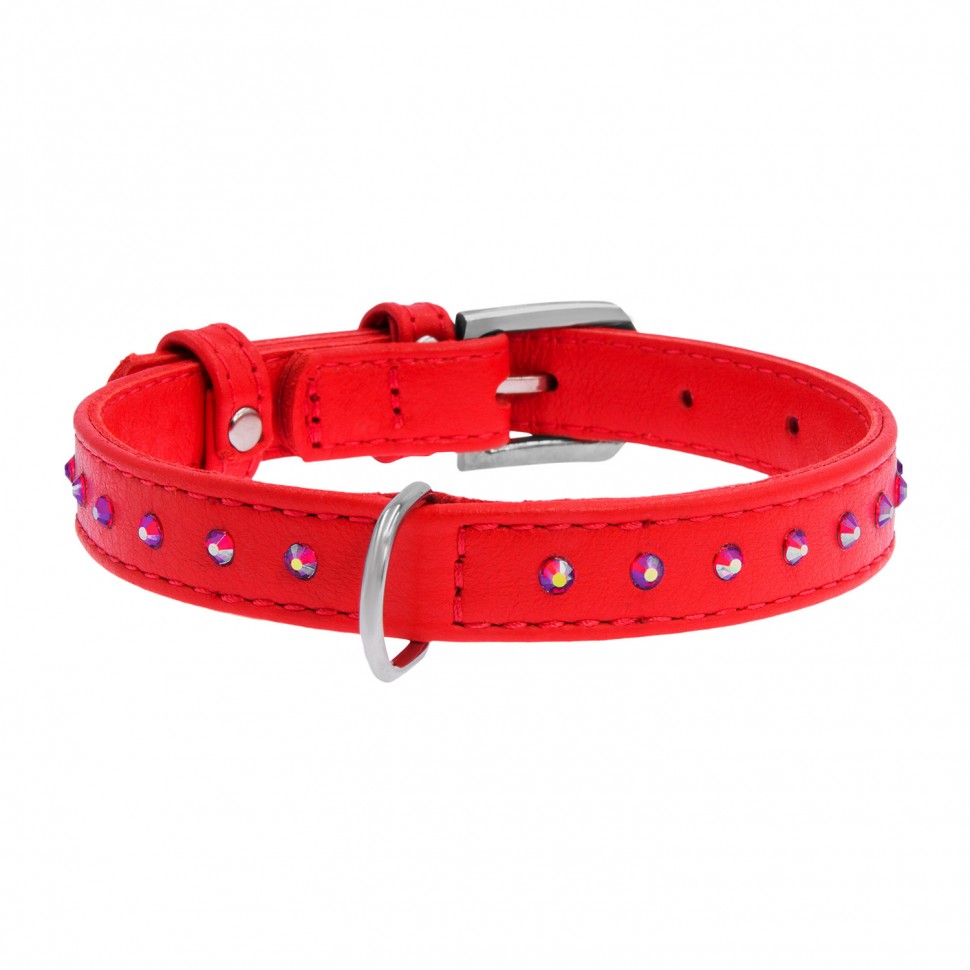 Ошейник WAUDOG Glamour с клеевыми стразами красный, кожа, Размер: XS (27-36 см)