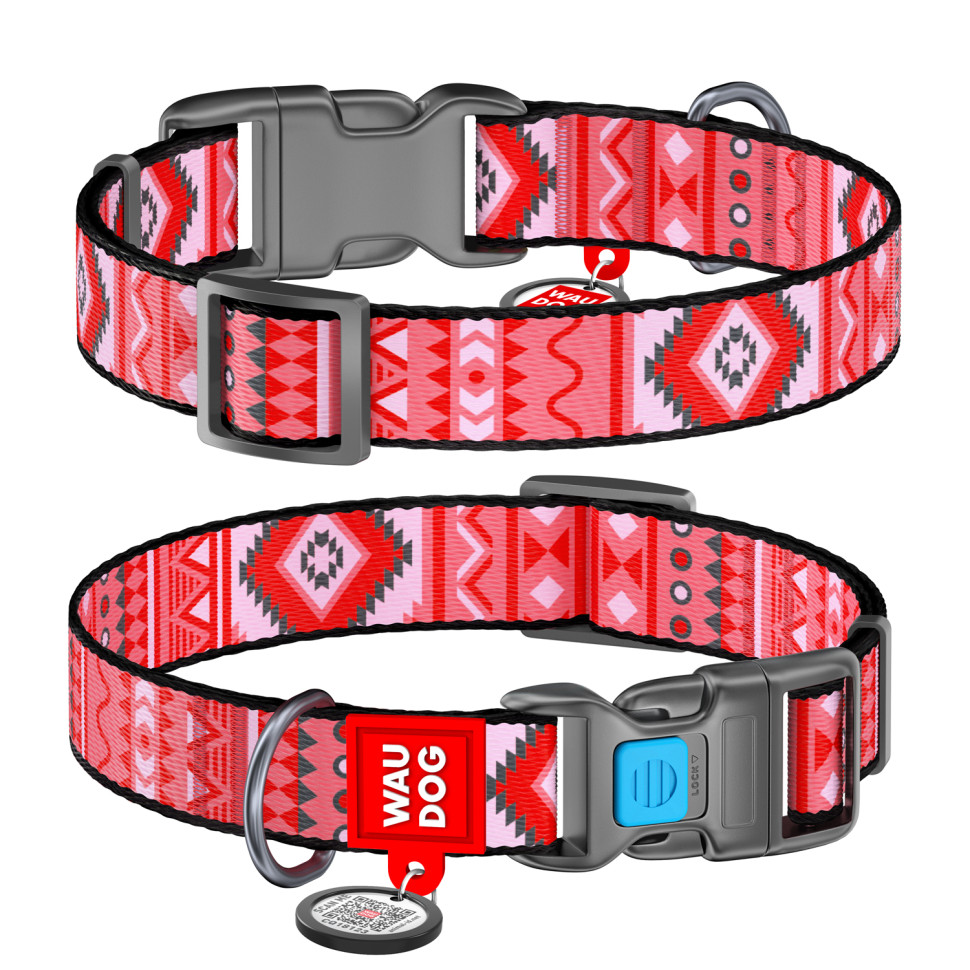 Ошейник WAUDOG Nylon с QR паспортом, рисунок "Этно красный", пластиковый фастекс Разноцветый, нейлон, Размер: XS (23-35  см)