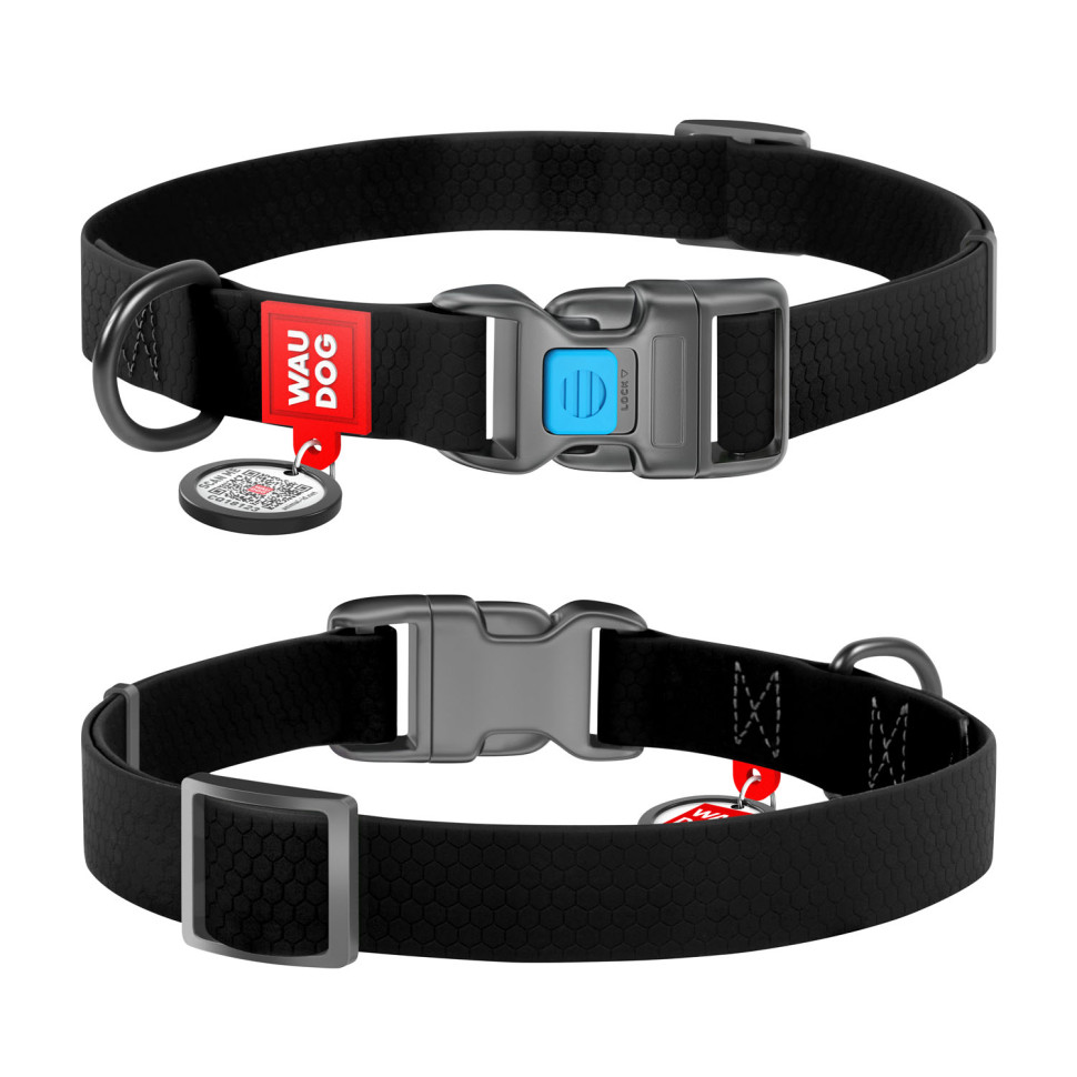 Ошейник WAUDOG Waterproof с QR паспортом, водостойкий, пластиковая пряжка-фастекс черный , COLLARTEX, Размер: XS (23-35  см)