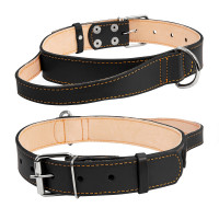 Ошейник "CoLLaR" двойной с ручкой  Черный, кожа, Размер: XL