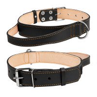 Ошейник "CoLLaR" двойной с ручкой  Черный, кожа, Размер: XL