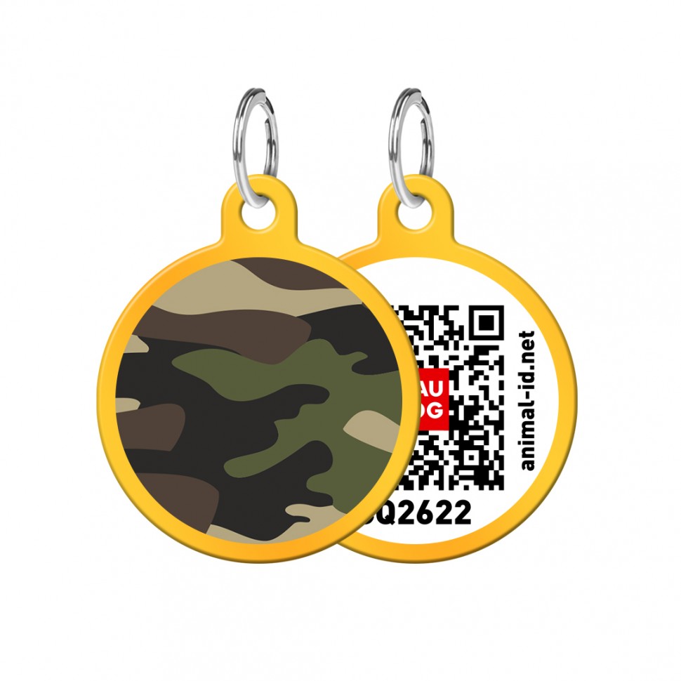 Адресник WAUDOG Smart ID с QR паспортом, рисунок "Камо", круг,  30 мм, золото
