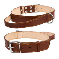Ошейник "CoLLaR" двойной с ручкой  Коричневый, кожа, Размер: XL