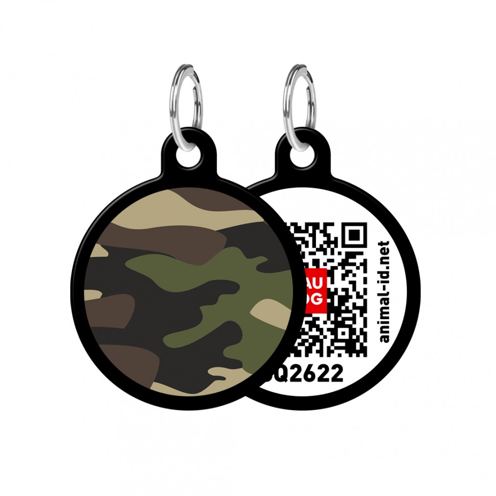Адресник WAUDOG Smart ID с QR паспортом, рисунок "Камо", круг,  30 мм, черный
