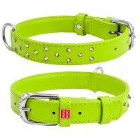 Ошейник WAUDOG Glamour с клеевыми стразами салатовый, кожа, Размер: S (30-39 см)