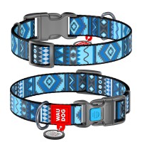 Ошейник WAUDOG Nylon с QR паспортом, рисунок "Этно синий", пластиковый фастекс Разноцветый, нейлон, Размер: L (35-58  см)