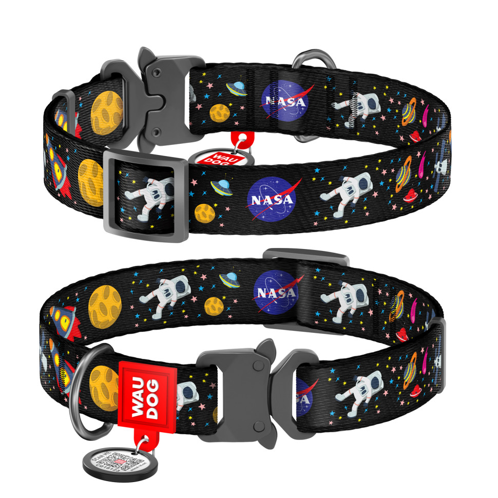 Ошейник WAUDOG Nylon с QR паспортом, рисунок "NASA", металлическая пряжка-фастекс   Разноцветный, Нейлон (23-35  см)