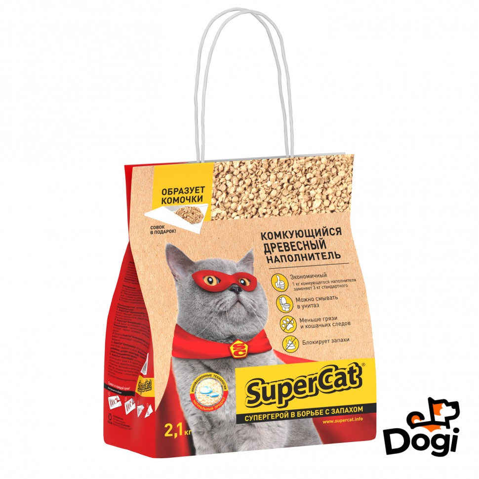 Наполнитель древесный SuperCat Комкующийся, 2,1 кг, 3555