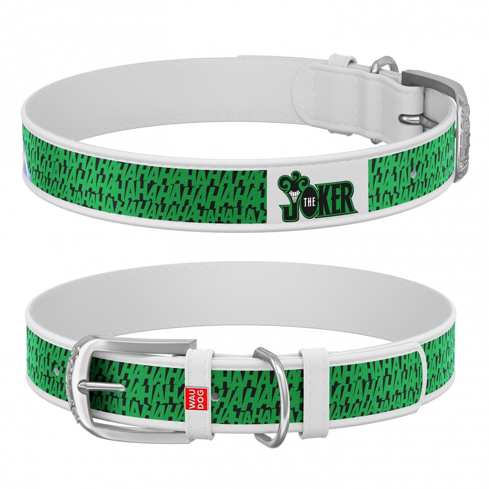 Ошейник WAUDOG Design, рисунок "Джокер", металлическая пряжка белый, кожа, Размер: L (46-60 см)