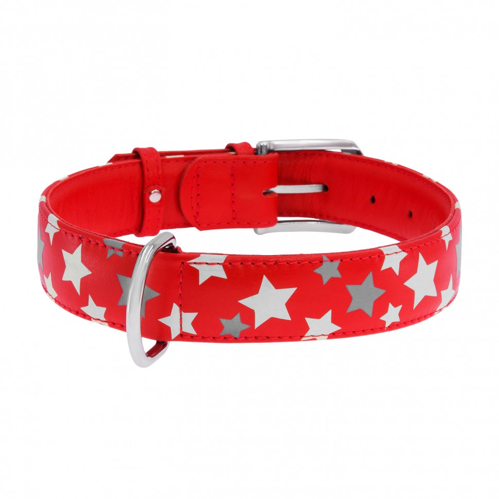 Ошейник WAUDOG Glamour с узором "Звездочка" Красный, кожа, Размер: L (46-60 см)