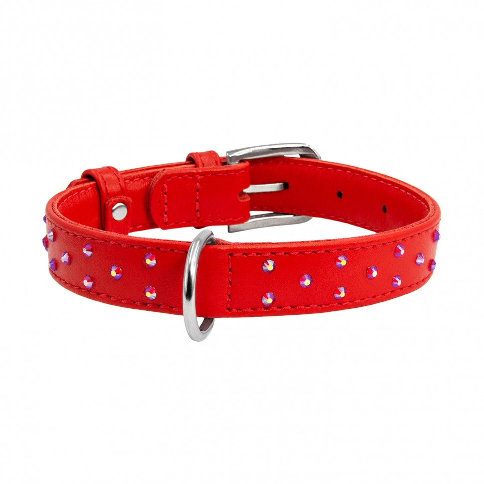 Ошейник WAUDOG Glamour с клеевыми стразами красный, кожа, Размер: M (38-49 см)