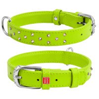 Ошейник WAUDOG Glamour с клеевыми стразами салатовый, кожа, Размер: M (38-49 см)