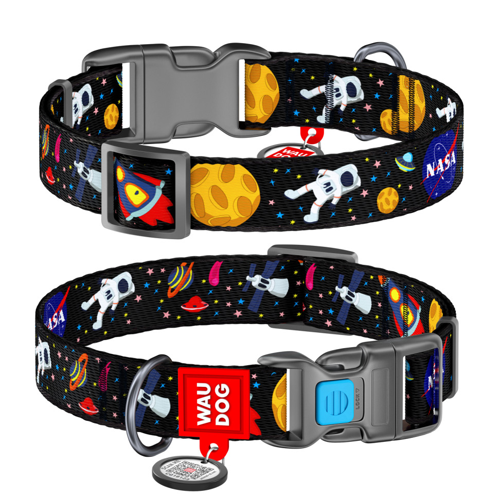 Ошейник WAUDOG Nylon с QR паспортом, рисунок "NASA", пластиковый фастекс Разноцветный, Нейлон, Размер: L (35-58  см)