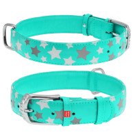 Ошейник WAUDOG Glamour с узором "Звездочка" Ментоловый, кожа, Размер: L (46-60 см)