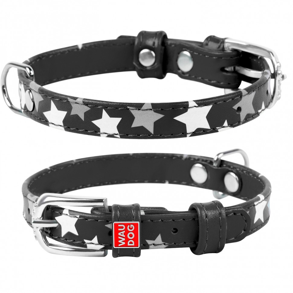 Ошейник WAUDOG Glamour с узором "Звездочка" Черный, кожа, Размер: XS (19-25 см)