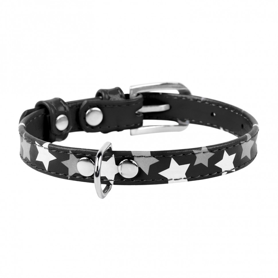 Ошейник WAUDOG Glamour с узором "Звездочка" Черный, кожа, Размер: XS (19-25 см)