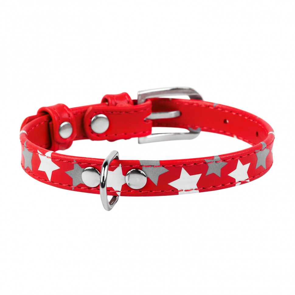 Ошейник WAUDOG Glamour с узором "Звездочка" Красный, кожа, Размер: XS (19-25 см)