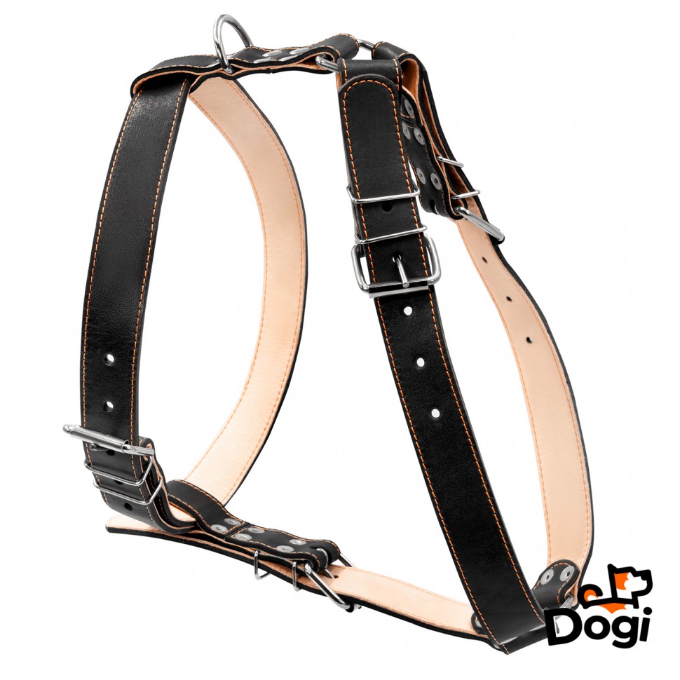 Шлея двойная CoLLaR для крупных собак черный, кожа, Обхват груди 30-40 см