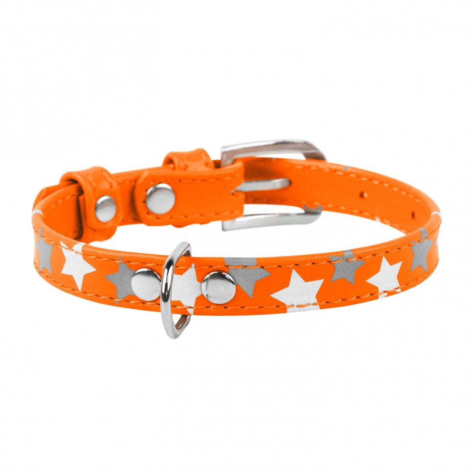 Ошейник WAUDOG Glamour с узором "Звездочка" Оранжевый, кожа, Размер: XS (19-25 см)