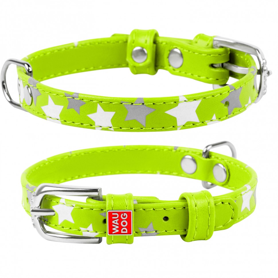 Ошейник WAUDOG Glamour с узором "Звездочка" Салатовый, кожа, Размер: XS (19-25 см)