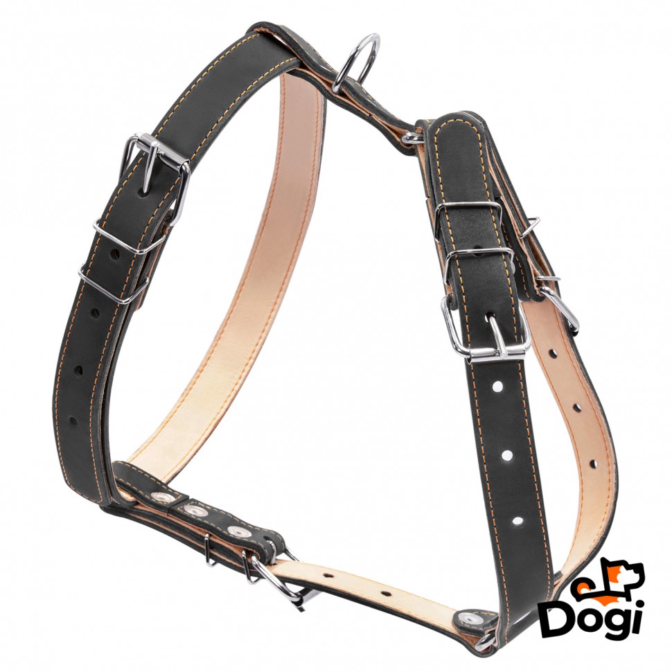 Шлея двойная CoLLaR для средних собак черный, кожа, Обхват груди 30-40 см