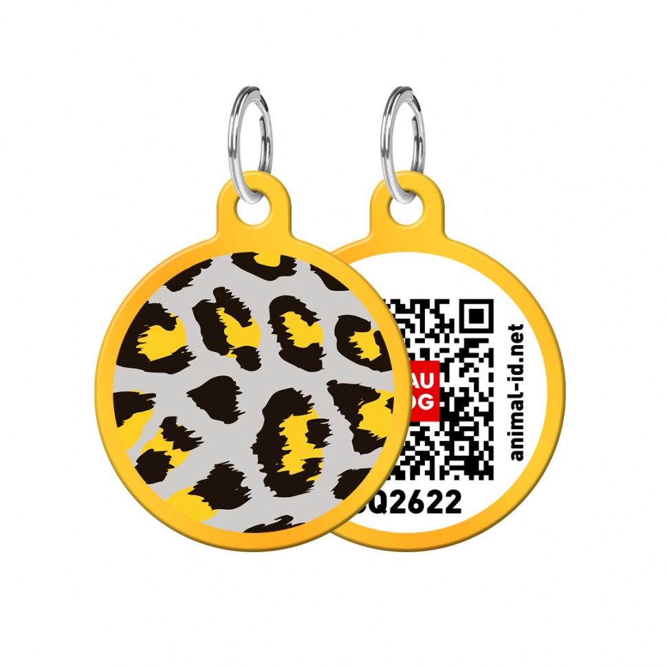 Адресник WAUDOG Smart ID с QR паспортом, рисунок "Леопард", круг, 30 мм, золото