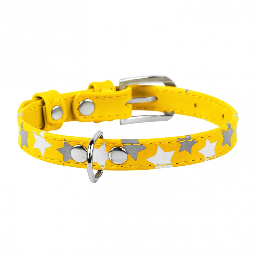 Ошейник WAUDOG Glamour с узором "Звездочка" Желтый, кожа, Размер: XS (19-25 см)