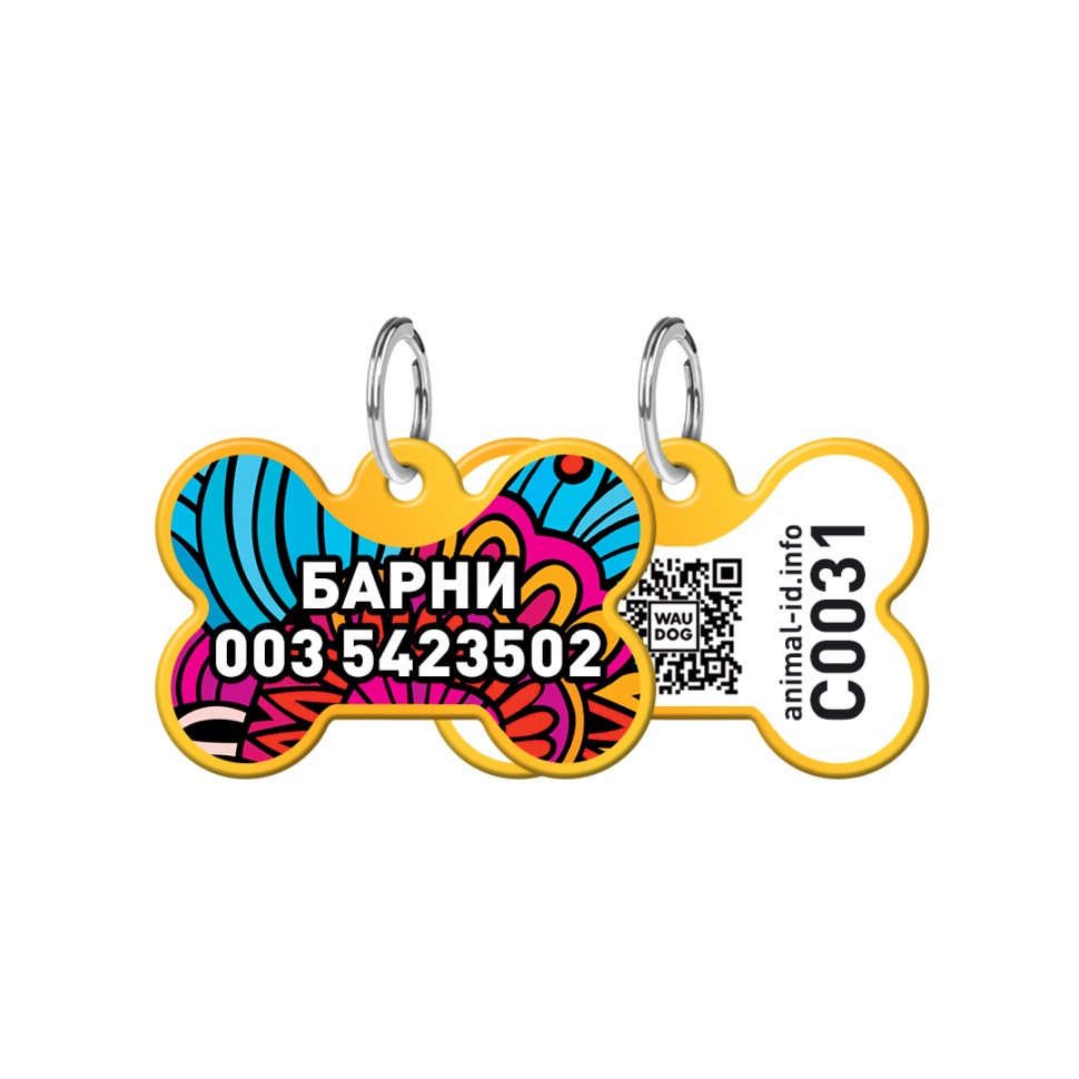 Адресник WAUDOG Smart ID с QR паспортом, рисунок "Лето", кость,  31х21 мм, золото