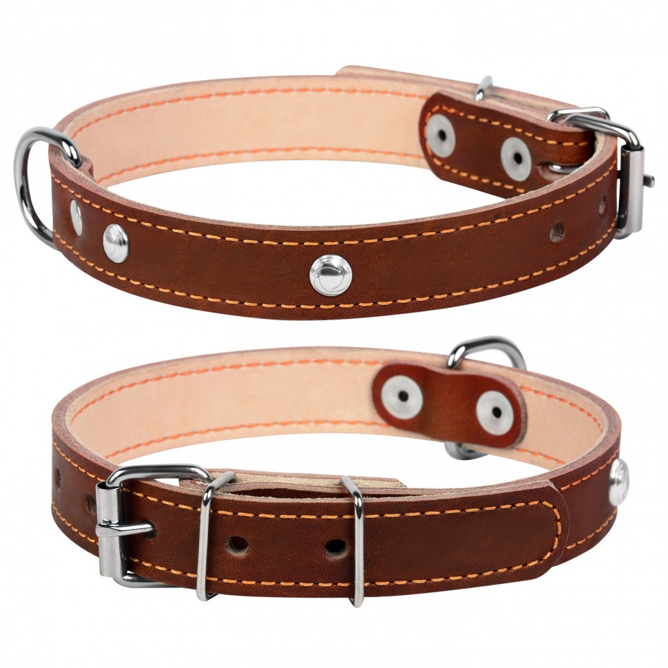 Ошейник двойной CoLLaR  с украшением коричневый, кожа, Размер: s (32-40 см)