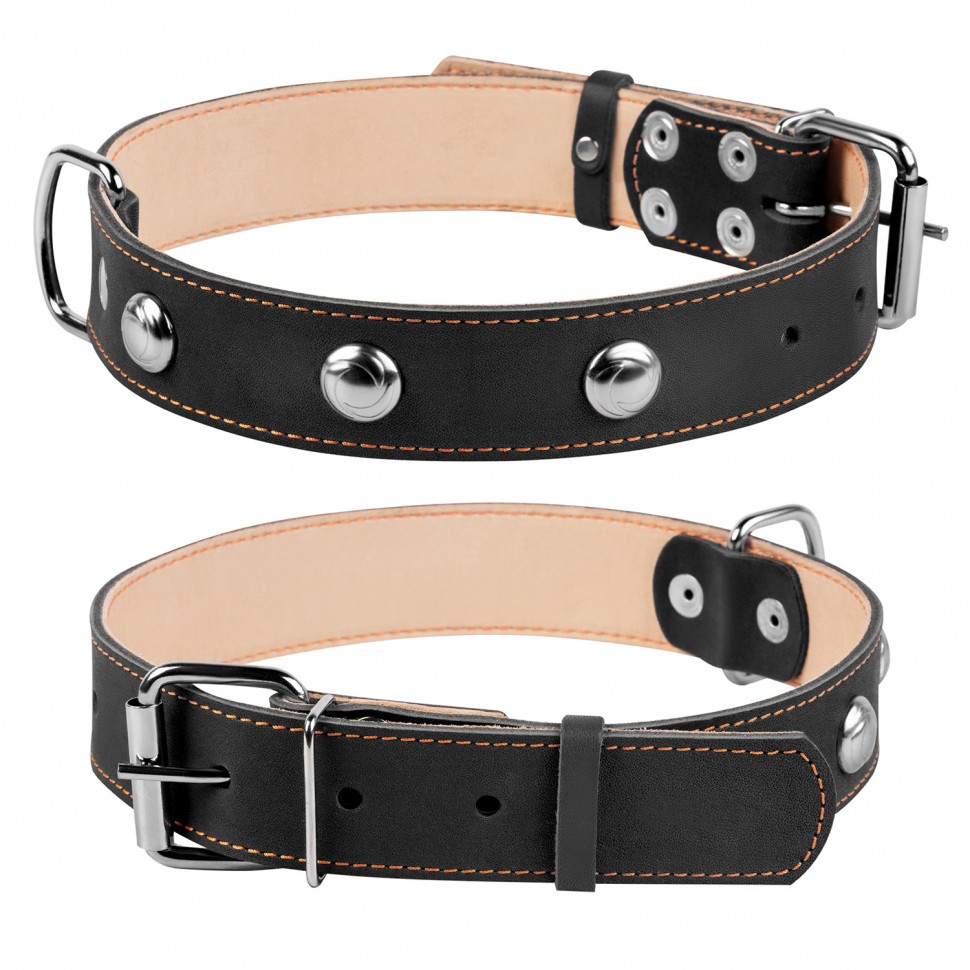 Ошейник двойной CoLLaR  с украшением черный, кожа, Размер: L (47-62 см)