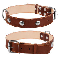 Ошейник двойной CoLLaR  с украшением коричневый, кожа, Размер: L (47-62 см)