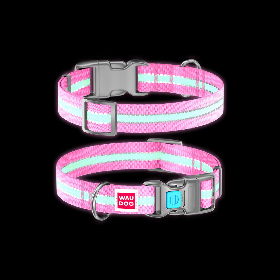 Ошейник WAUDOG Nylon с QR паспортом, светящийся, пластиковый фастекс Розовый, нейлон, Размер: L (35-58  см)