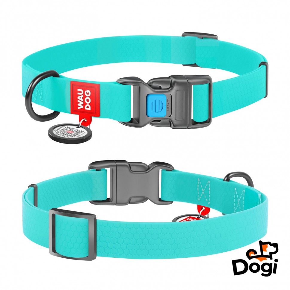 Ошейник WAUDOG Waterproof с QR паспортом, светящийся, пластиковая пряжка-фастекс ментоловый, COLLARTEX, Размер: M (31-49  см)
