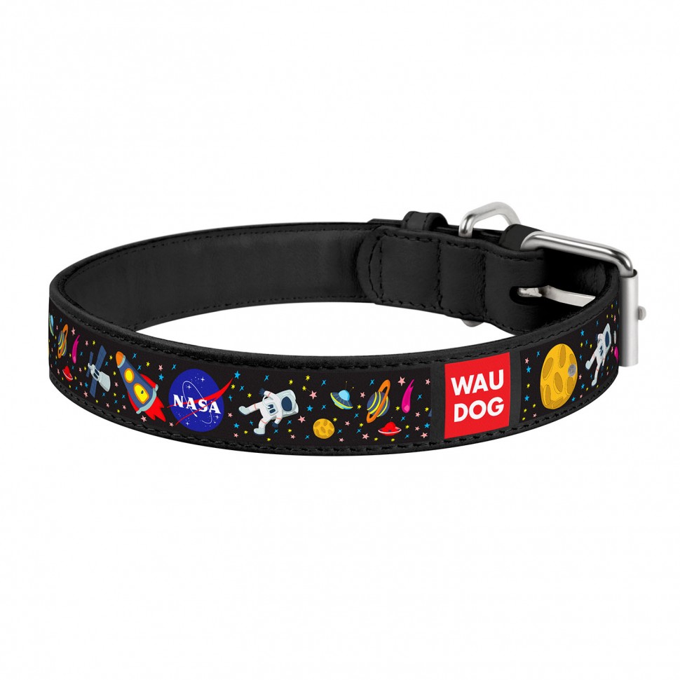 Ошейник WAUDOG Design, рисунок "NASA" Черный, кожа, Размер: L (44-58 см)