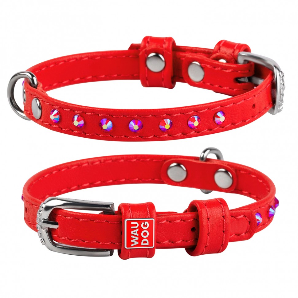 Ошейник WAUDOG Glamour с клеевыми стразами Красный, кожа, Размер: XS (19-25 см)