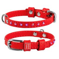 Ошейник WAUDOG Glamour с клеевыми стразами Красный, кожа, Размер: XS (19-25 см)