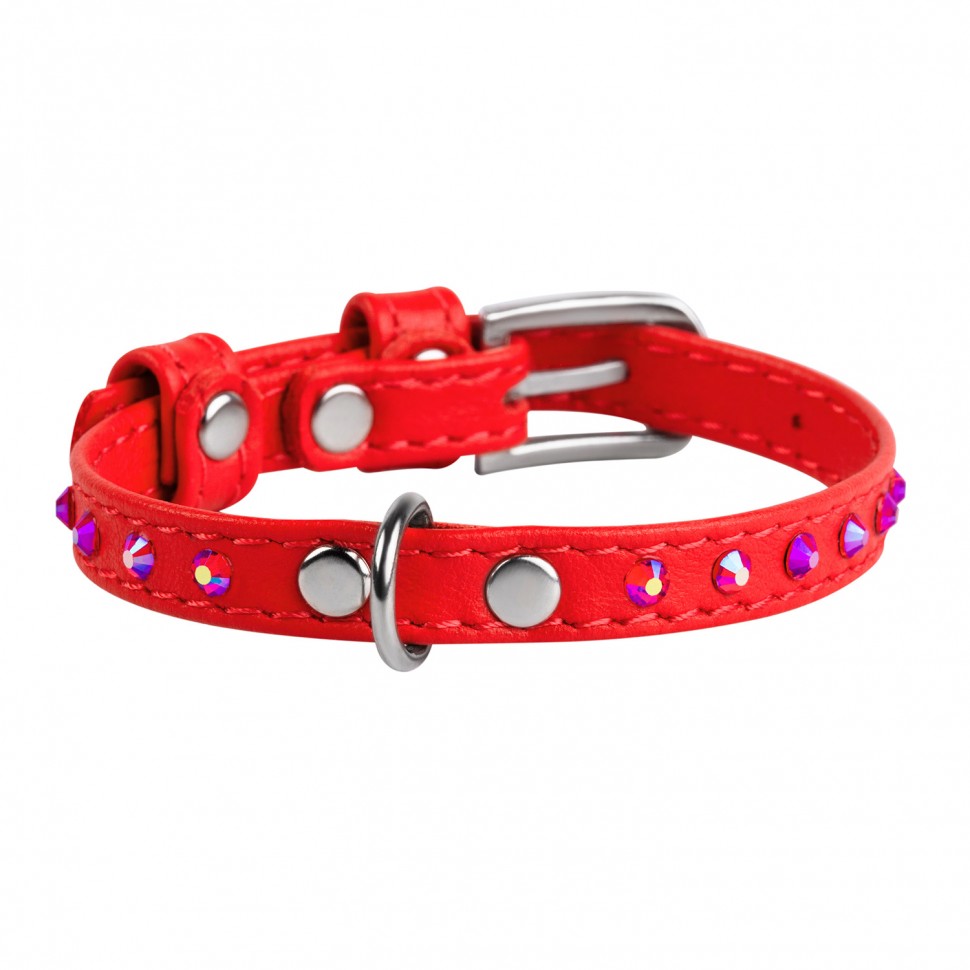 Ошейник WAUDOG Glamour с клеевыми стразами Красный, кожа, Размер: XS (19-25 см)