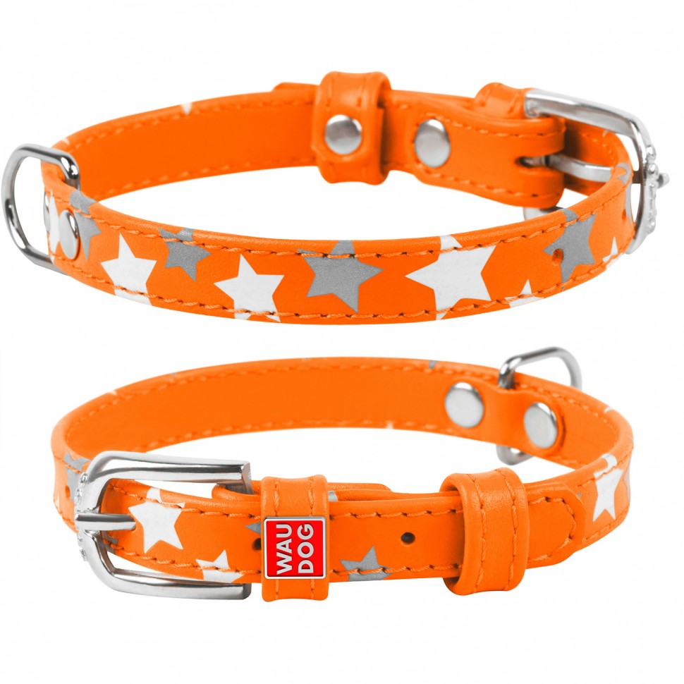 Ошейник WAUDOG Glamour с узором "Звездочка" Оранжевый, кожа, Размер: XS (21-29 см)