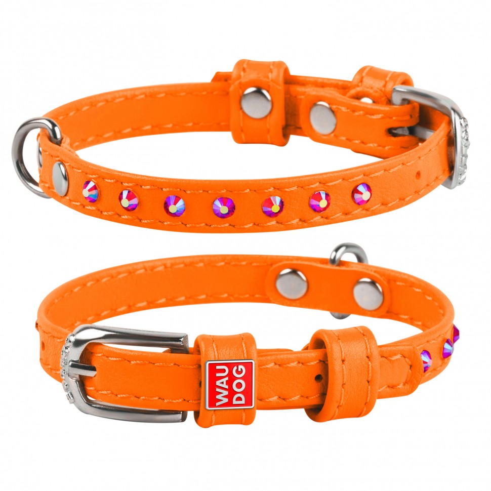 Ошейник WAUDOG Glamour с клеевыми стразами Оранжевый, кожа, Размер: XS (19-25 см)