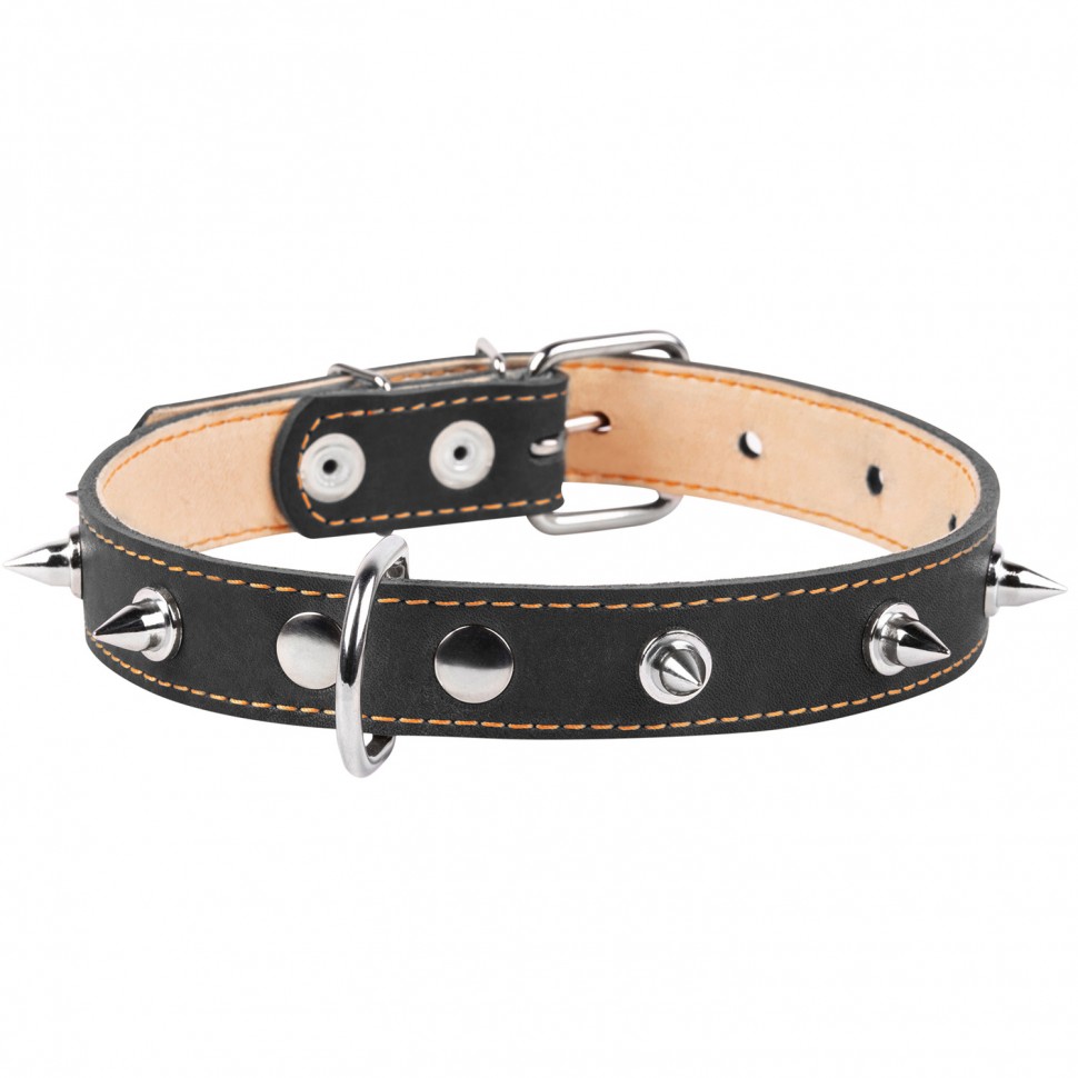 Ошейник двойной CoLLaR с шипами черный, кожа, Размер: M (38-50 см)