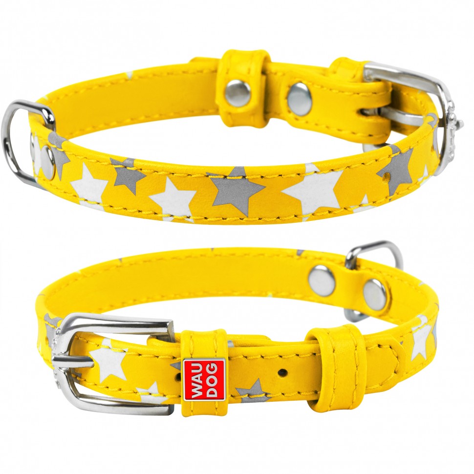 Ошейник WAUDOG Glamour с узором "Звездочка" Желтый, кожа, Размер: XS (21-29 см)