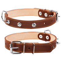 Ошейник двойной CoLLaR с шипами коричневый, кожа, Размер: M (38-50 см)