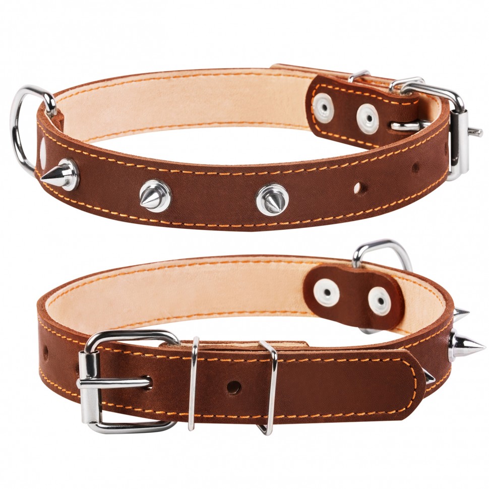 Ошейник двойной CoLLaR с шипами коричневый, кожа, Размер: M (38-50 см)