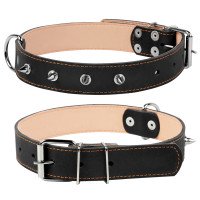 Ошейник двойной CoLLaR с шипами черный, кожа, Размер: L (47-62 см)