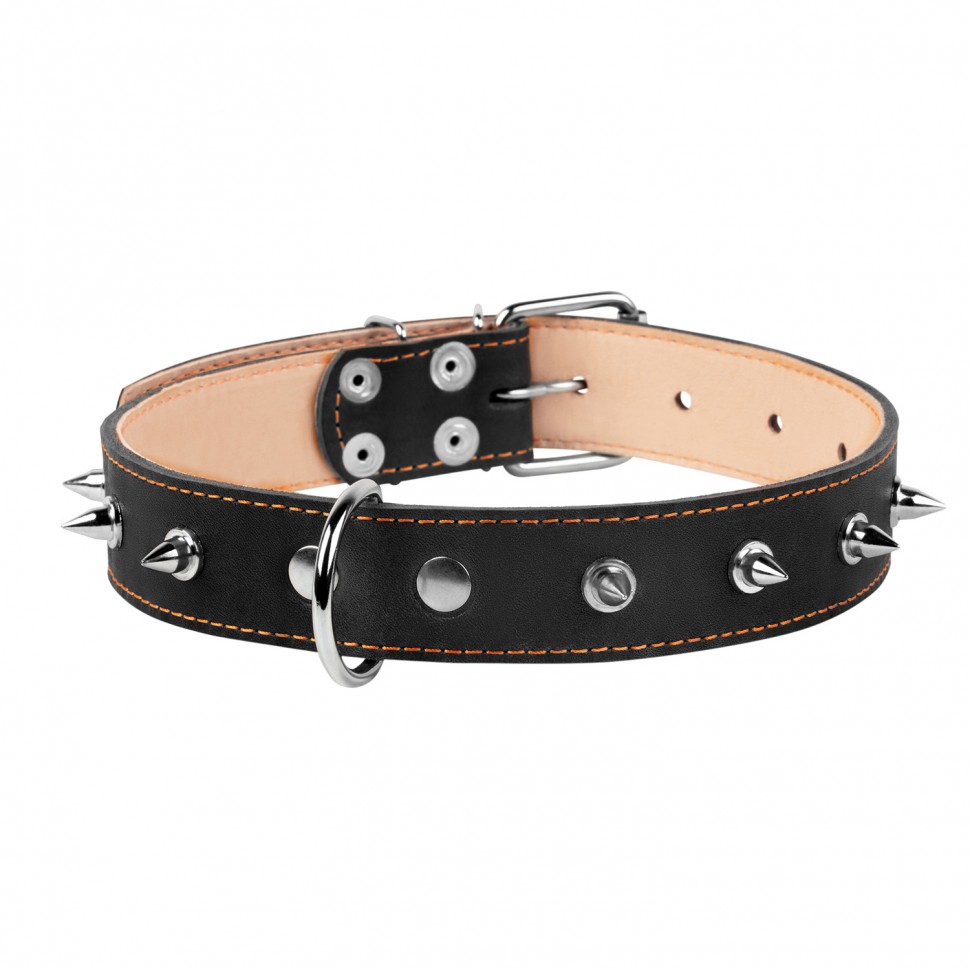 Ошейник двойной CoLLaR с шипами черный, кожа, Размер: L (47-62 см)