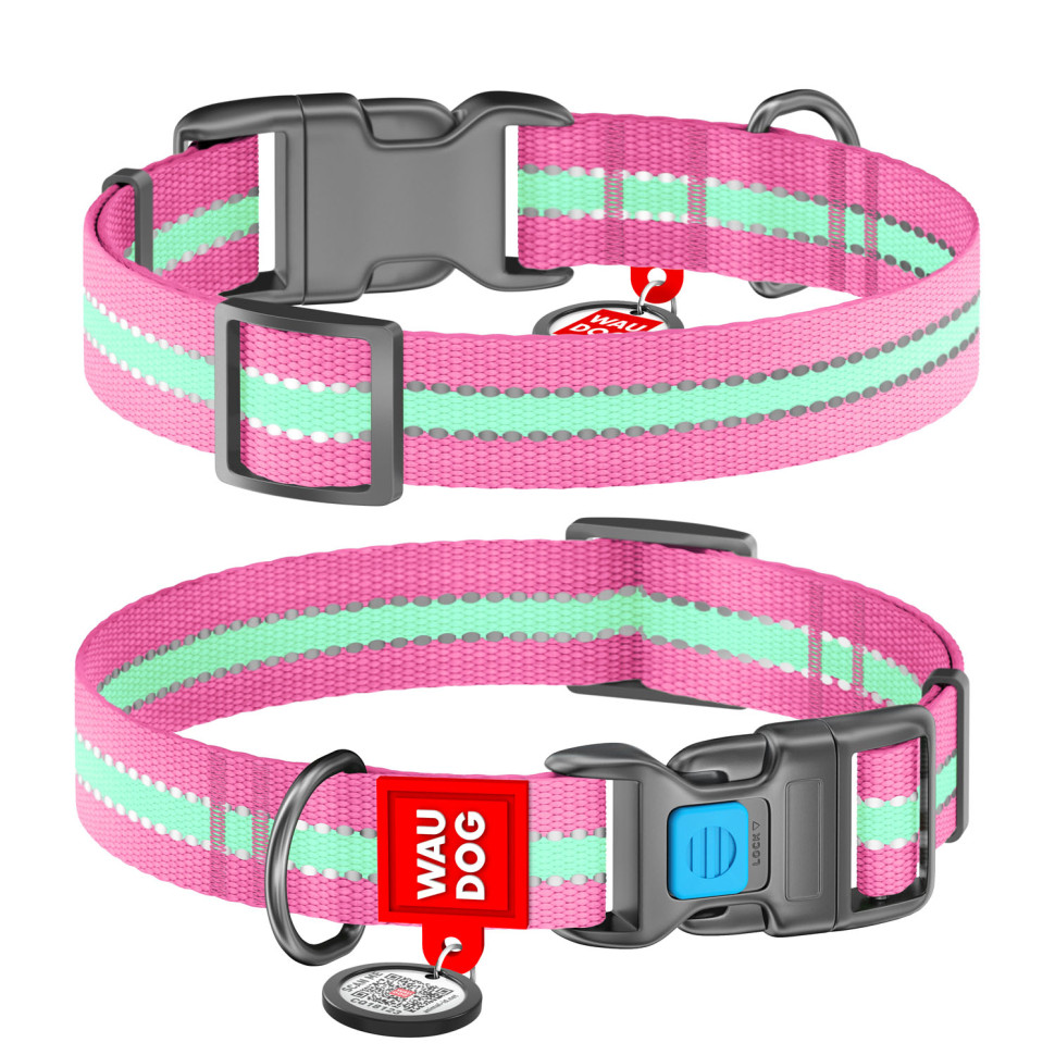 Ошейник WAUDOG Nylon с QR паспортом, светящийся, пластиковый фастекс Розовый, нейлон, Размер: M (31-49  см)