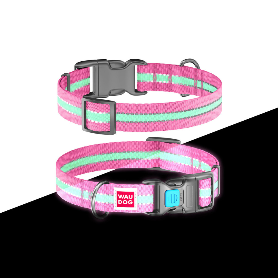 Ошейник WAUDOG Nylon с QR паспортом, светящийся, пластиковый фастекс Розовый, нейлон, Размер: M (31-49  см)