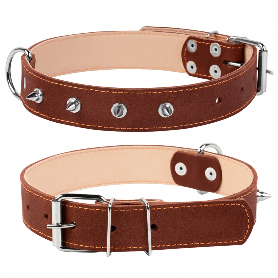 Ошейник двойной CoLLaR с шипами коричневый, кожа, Размер: L (47-62 см)
